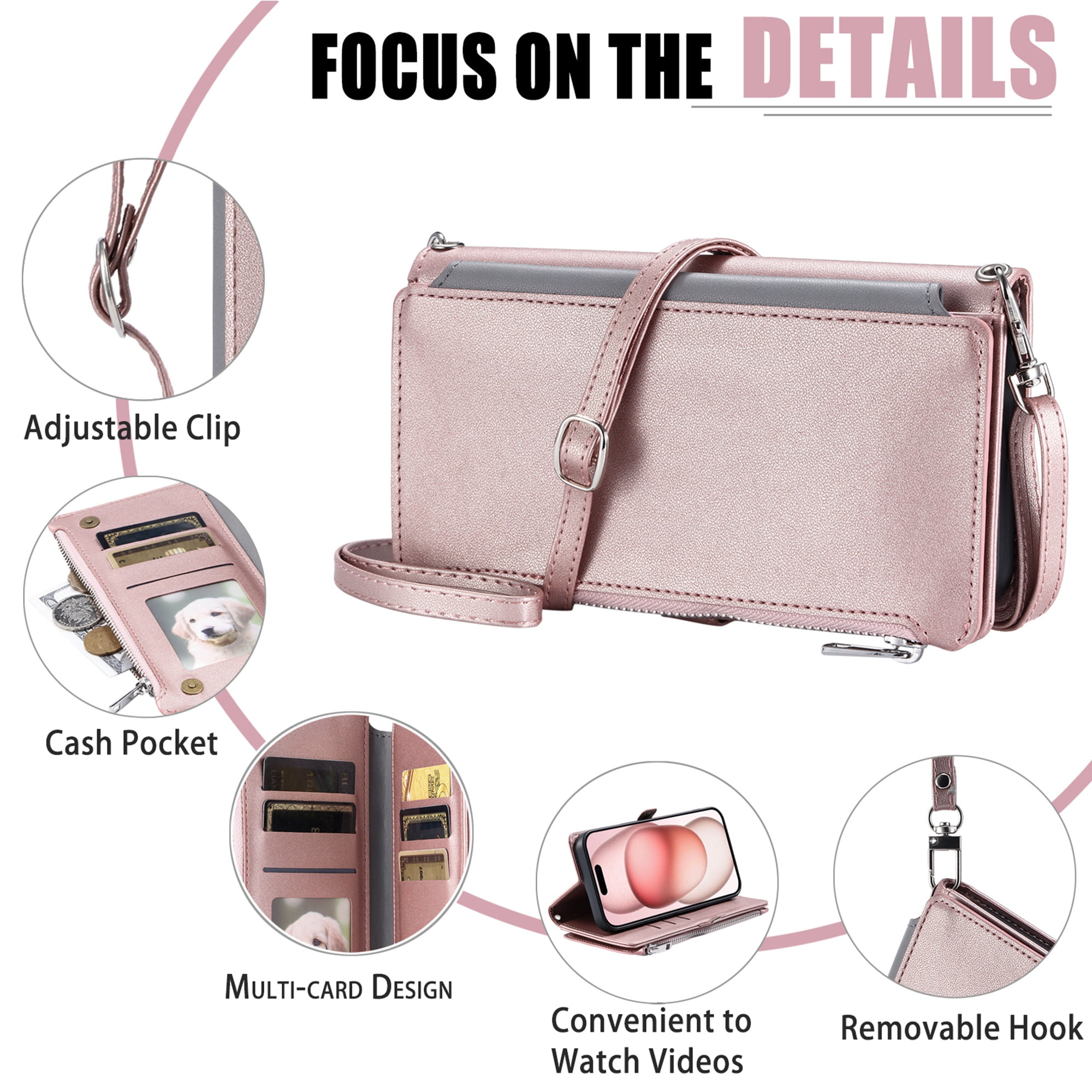 Dteck for Samsung Galaxy A14 5G Wallet Case, Crossbody Zipper Purse with Wrist for Women Men, 8-Card Slots Holder PU Leather Kickstand Flip Cover Phone Case,Rosegold
