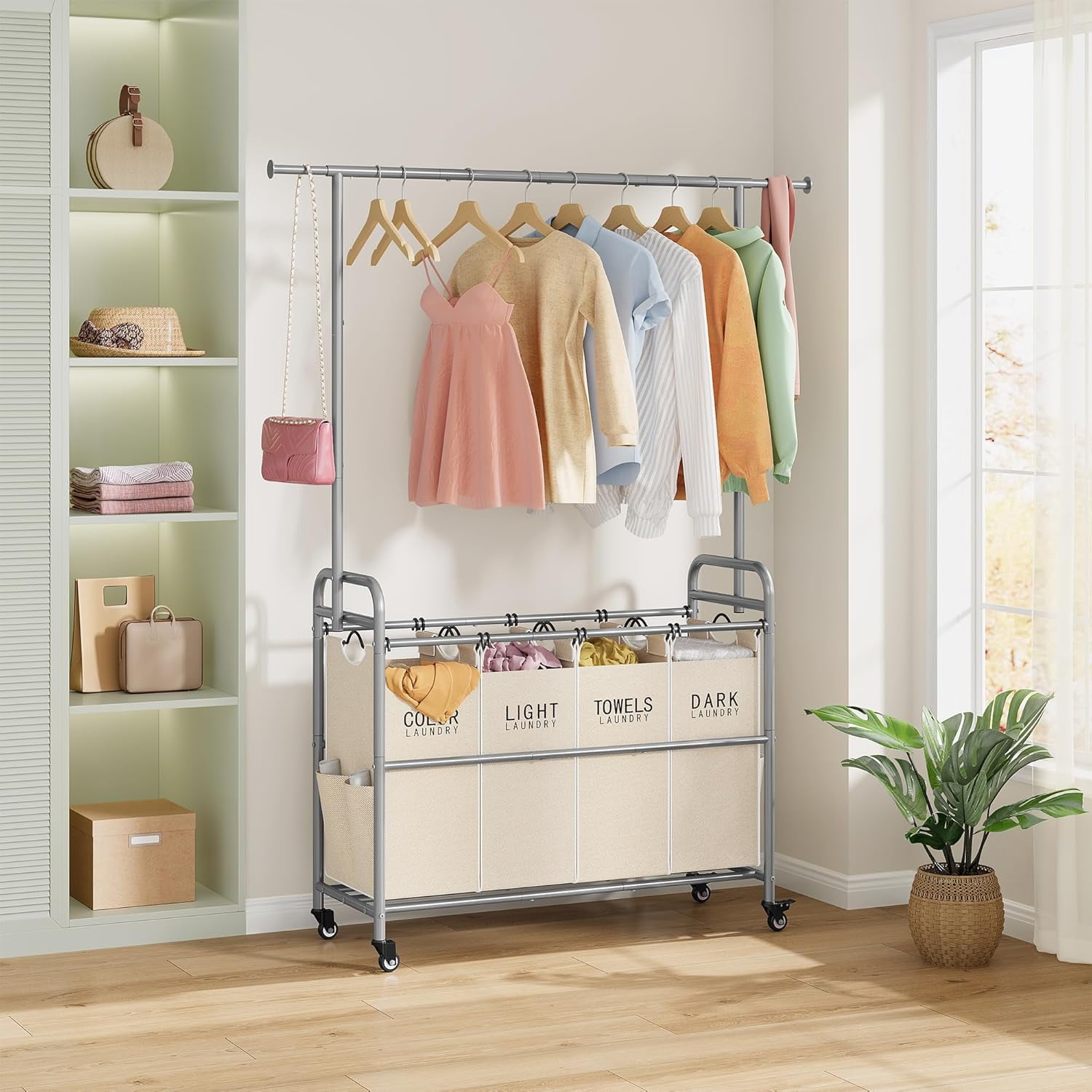 Laundry Hamper with Hanging Rack, Laundry Sorter 4 Sections, 4 Basket Butler with Lockable Wheels and Removable Bag, Rolling Laundry Cart for Bedroom, Beige