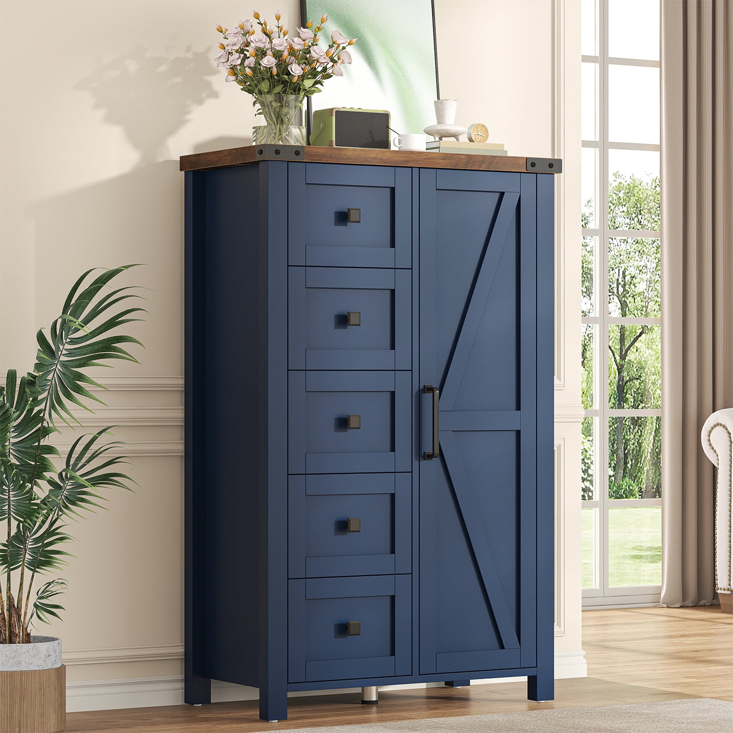 Frmobepts Farmhouse 5 Drawer Dresser with Barn Door, Adjustable Storage Cabinet for Bedroom Living Room, Blue