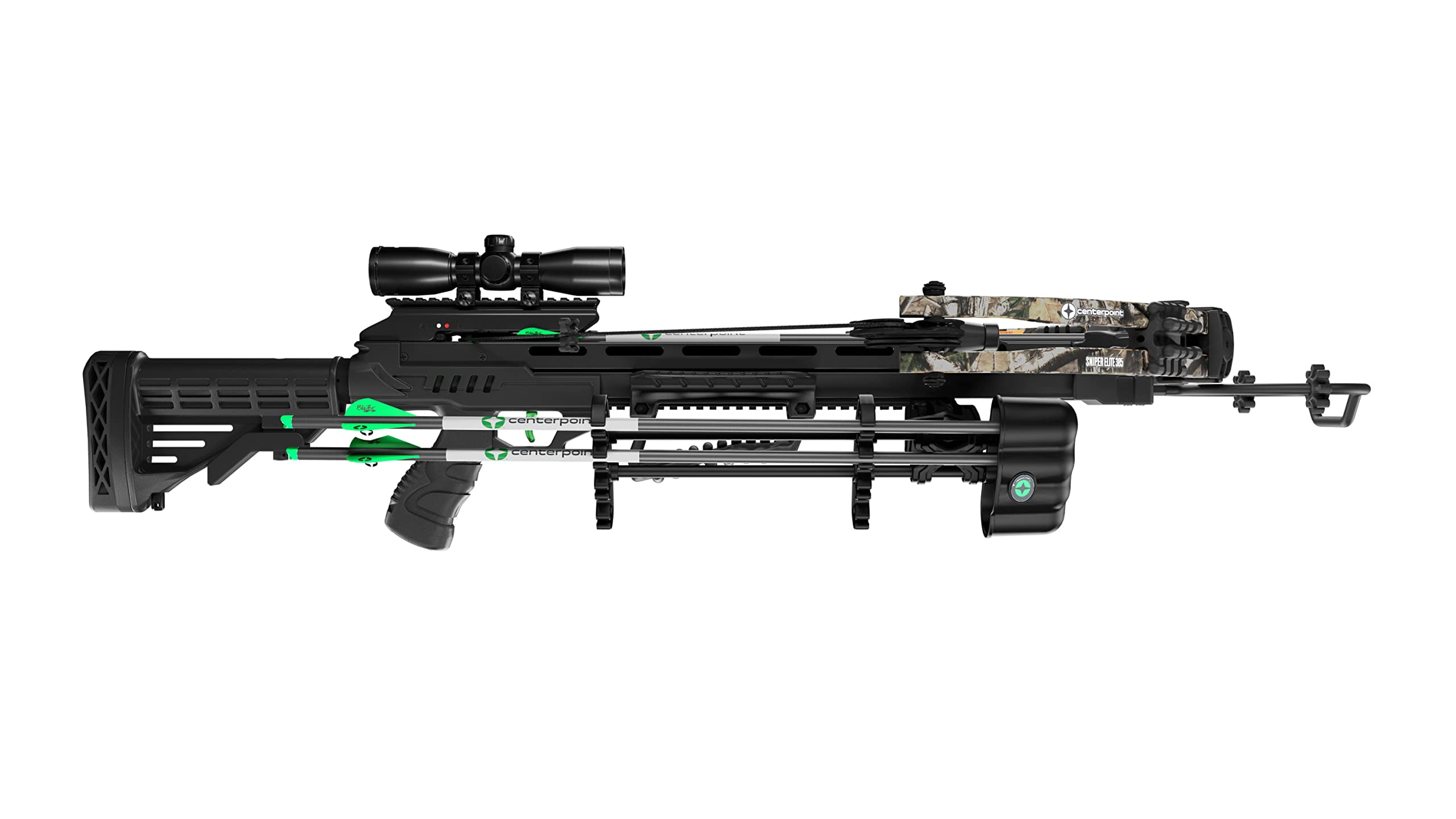 CenterPoint Sniper Elite 385 FPS Crossbow with 4x32mm Scope with Detachable Quiver, (Black/Camo)