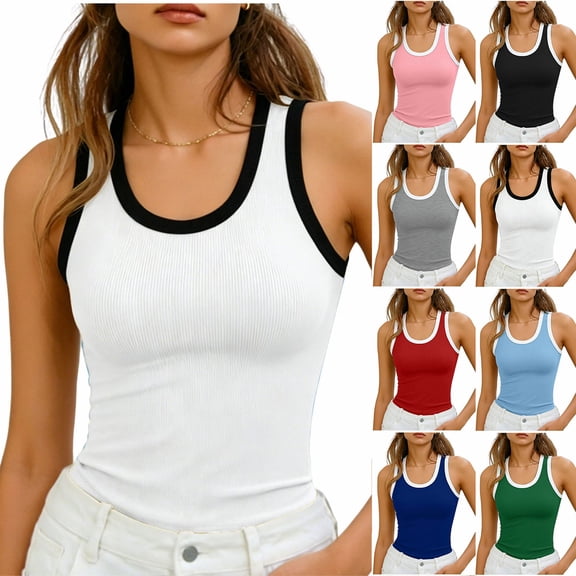 Chiccall Women’s Basic Tank Tops Sleeveless Fashion Casual Solid Round Neck Ribbed Fitted Cami Shirts