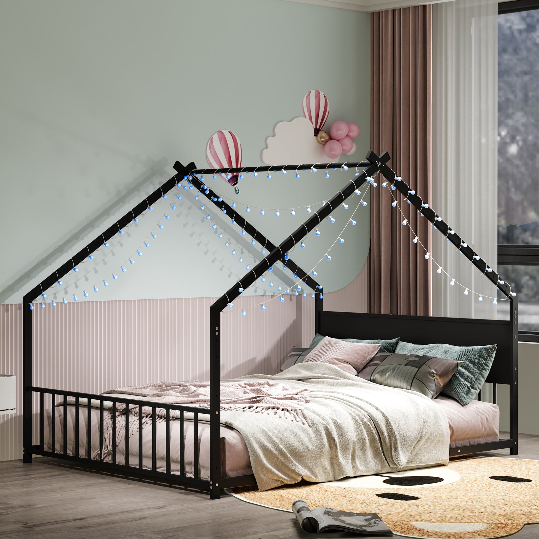 Christopher Knight Home Full Size Metal House Bed Frame with LED Light Strips & Backrest, Kids Floor Bed, Black