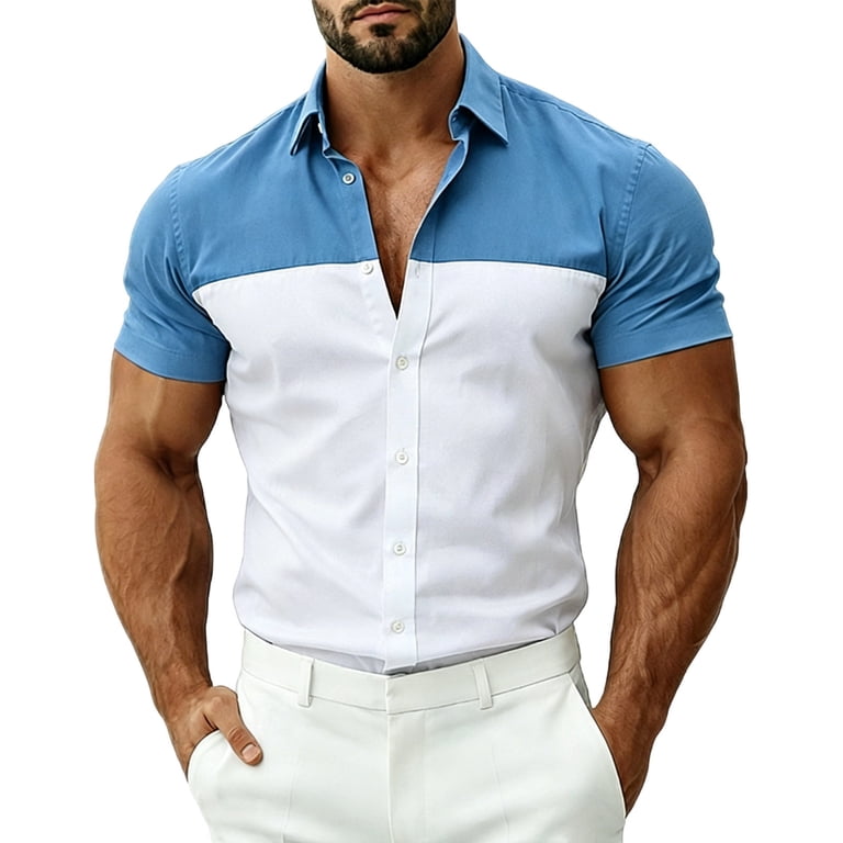 2 tone dress shirt KIHOUT Men's Two Tone Color Block Short Sleeve Button Down Shirt, Classic Point Collar Full Button Placket Regular Fit Wrinkle Resistant Quick Dry
