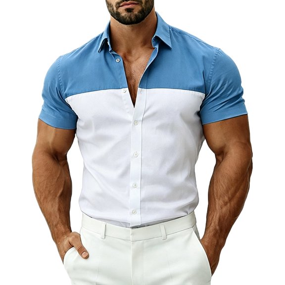 Rvwovn Men's Color Block Button Down Shirt – Short Sleeve Split Panel Casual Dress Shirt