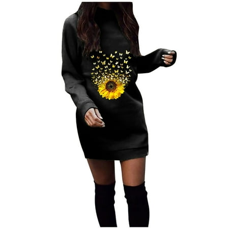 

Aueoeo Women s Casual Dresses Winter Formal Dresses for Women Women s Fashion Casual Comfortable Long Sleeve Solid Round-Neck Print Dress