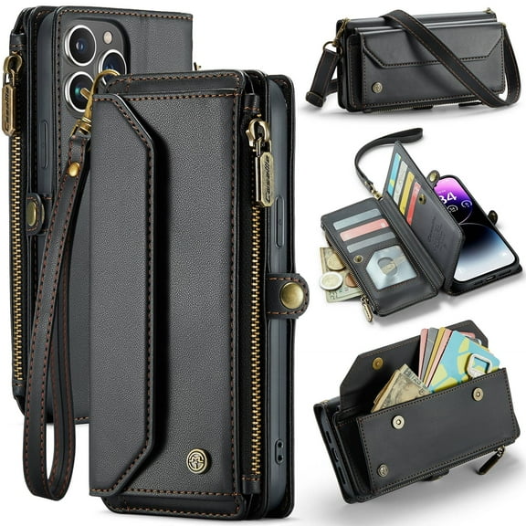 Crossbody for iPhone 14 Pro Max Case Wallet【RFID Blocking】with 10-Card Holder Zipper Bills Slot, Soft PU Leather Magnetic Shoulder Wrist Strap for iPhone 14 Pro Max Wallet Case Women