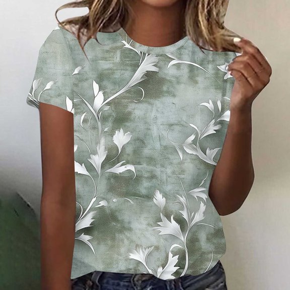 Fengqque 2025 Women's Retro Casual Print Round Neck Short Sleeve T-Shirt