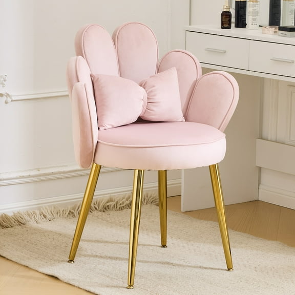 LiteHaven Petal Makeup Vanity Chair with Back,Flower Cute Girls Desk Chair Comfy No Wheels,Modern Dining Chair,Small Accent Chair with Adustable Gold Legs&Bow Pillow for Home Office,Bedroom,Pink