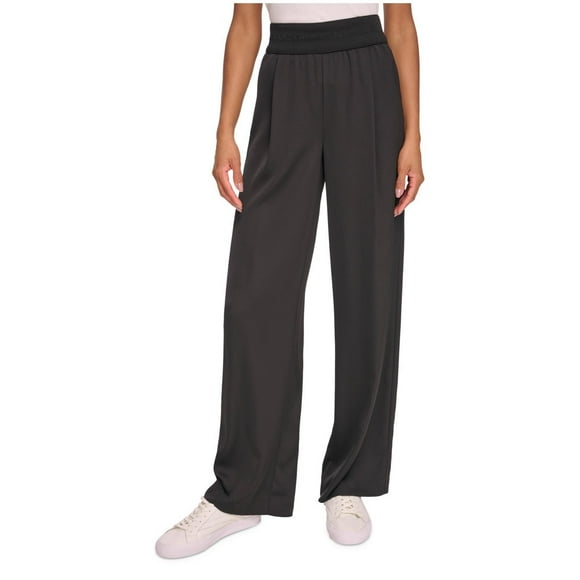Karl Lagerfeld Womens Pleated Pull On Wide Leg Relaxed Casual Pants, Black, X-Large