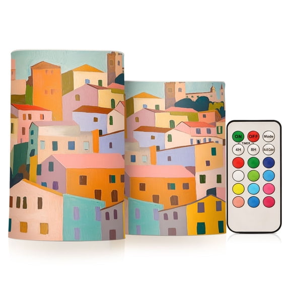Yayeee Flameless Candles with Remote Flickering Battery Operated Multi Color Changing, Orange Cityscape Painting