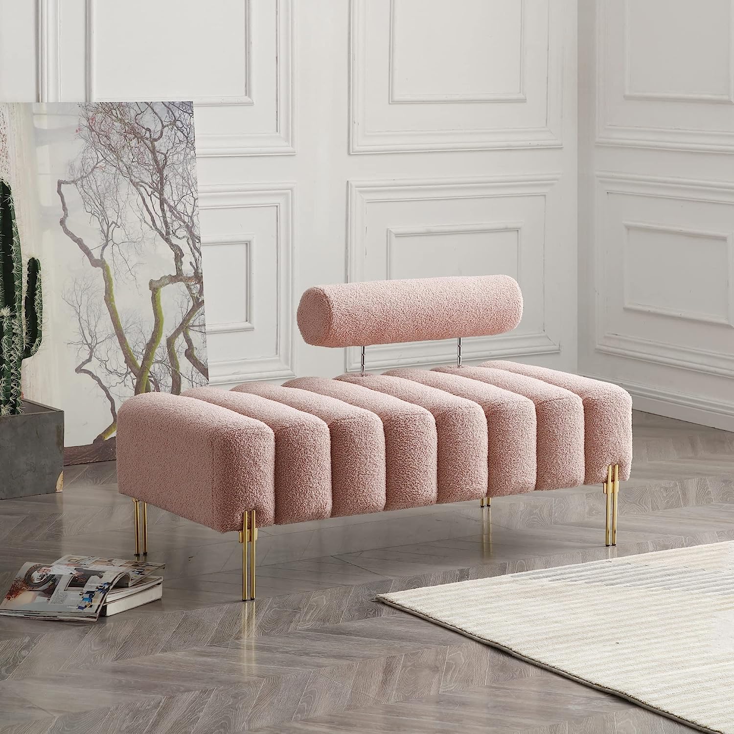 Miniyam Upholstered 53" Upholstered Bench for End of Bed with Gold Metal Legs, Pink