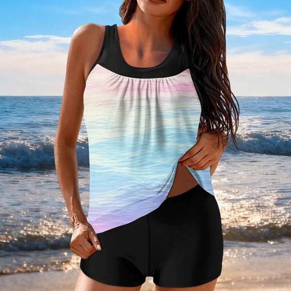 Neewe Women's Tankini Swimsuit Tummy Control Ruched Two Piece Bathing Suit Push Up Modest Swim Suits with Shorts