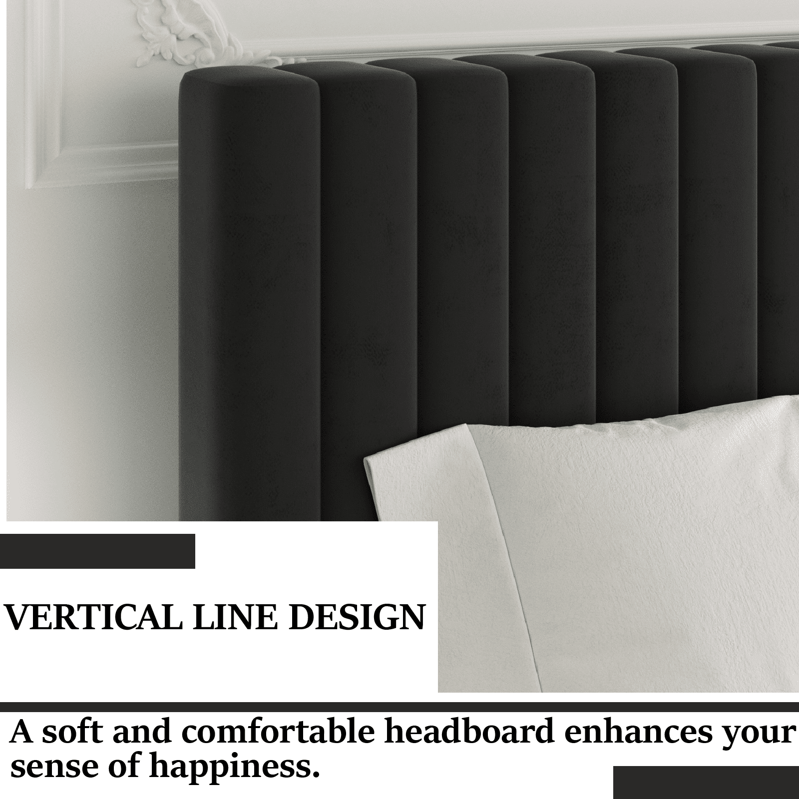 VIPLOV Full Size Bed Frame with Velvet Upholstered Headboard, Platform Bed with Strong Wood Slats, Mattress Foundation, Box Spring Optional, Easy Assembly, Black