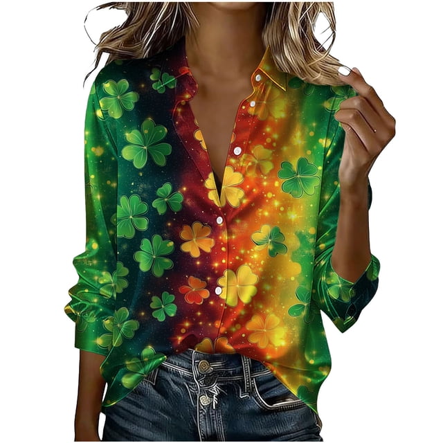 Tops de Manga Larga de las Mujeres Casual con Impresión Unisex Del Día de San Patricio, Blusa de Cuello Giratoria con Botones para el Uso Diario