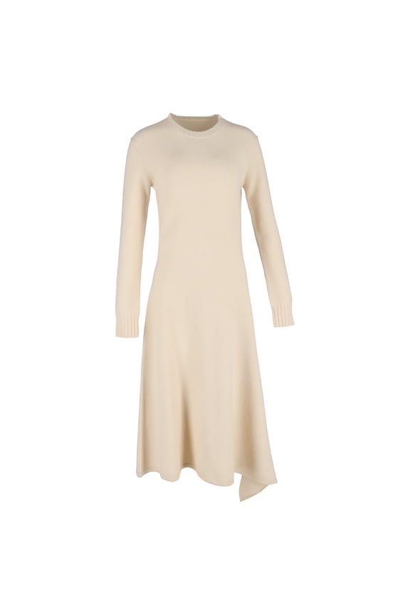 Pre-Owned Jil Sander Knitted Long Sleeve Midi Dress in Cream Wool