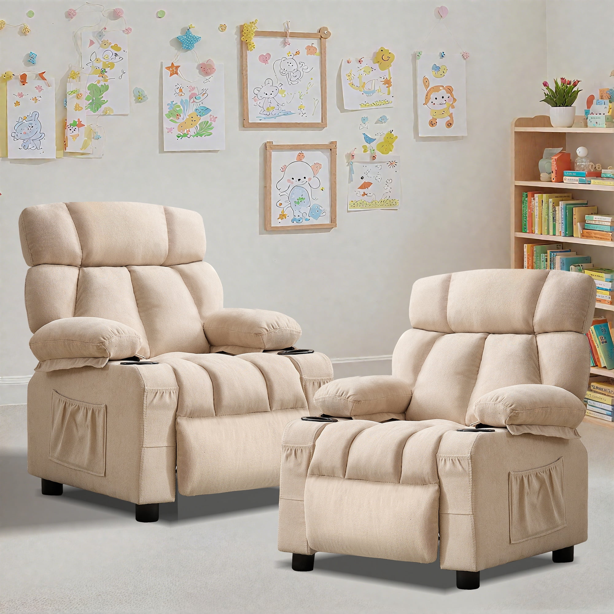 JONPONY Kids Recliner Chair,Push Back Toddler Recliner with Cup Holders & Side Pockets,Adjustable Footrest & Headrest Kids Sofa for Boys Girls 3+ Age Group, Beige