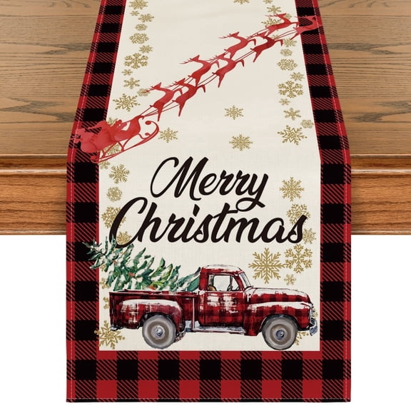 Smile Merry Christmas Table Runner with Truck 13 x 72 Inch, Red and Black Buffalo Plaid Winter Xmas Kitchen Decor