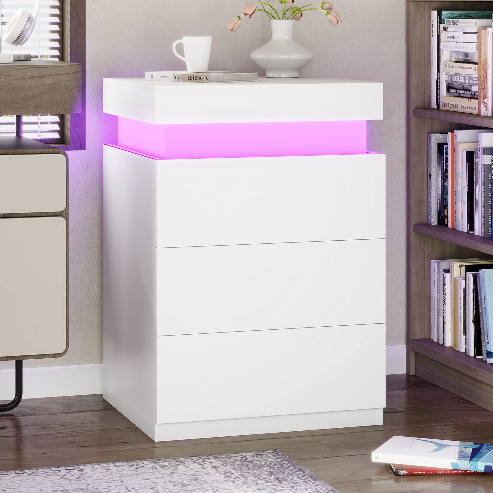 Nightstands Set of 2, Nightstand with Charging Station and RGB LED Light ,Bedside Table with 3 Drawers and Sliding Top,Modern End Side Table (White)