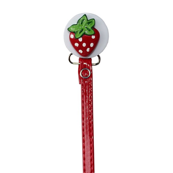 Red Strawberry Pacifier Clip with Faux Leather Strap