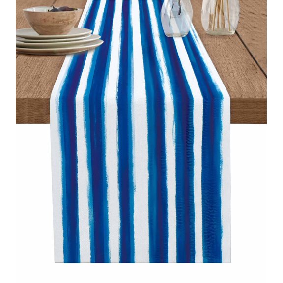Blue Stripe Table Runner Cotton Linen 48 Inch Holiday Dresser Scarves, Ocean Beach Watercolor White Geometric Tablerunner for Kitchen Coffee Dining Bedroom Living Room Dinner Scarf Décor 13''x48''