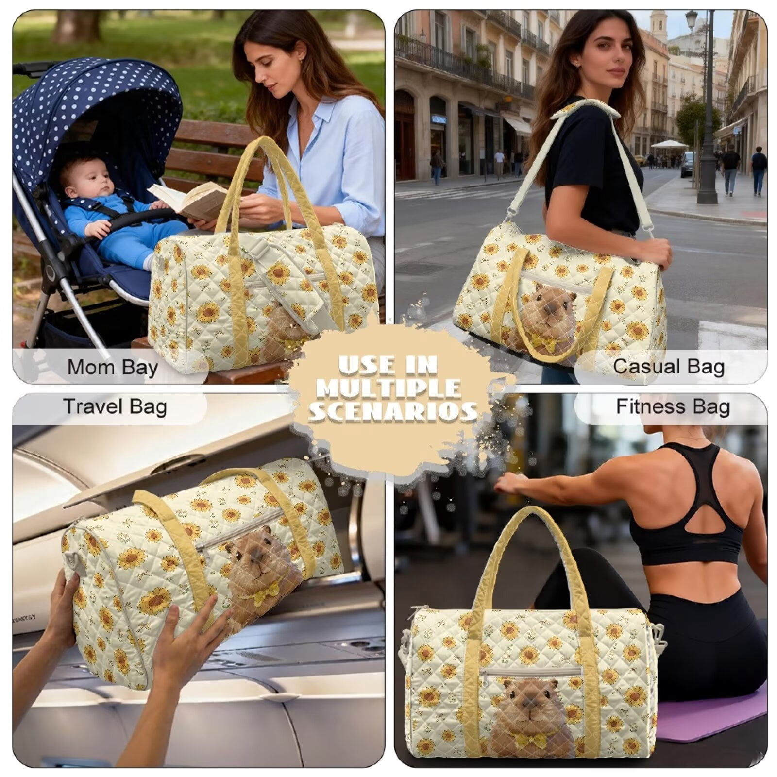 Garronmavis Large Quilted Duffle Bag for Women, Cute Capybara Sunflower Print Weekender Travel Overnight Carry On Gym Dance Tote Bag with Zipper Pockets