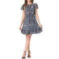 thumbnail image 2 of INSPIRE CHIC Women's Ruffle Sleeve Self-Tie V Neck Above Knee Ruffled A-Line Floral Chiffon Dress M Dusty Blue, 2 of 6