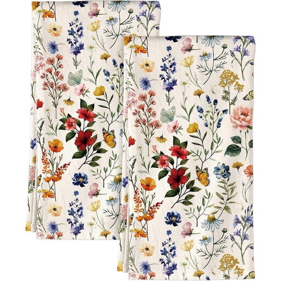 Flour Sack Kitchen Towels - Set of 2 Spring Dish Towels with Hanging Loop 18x26 Inch Absorbent Reusable Cotton Cloths for Cleaning Cute Design Home Decorative Housewarming, Vintage Flower