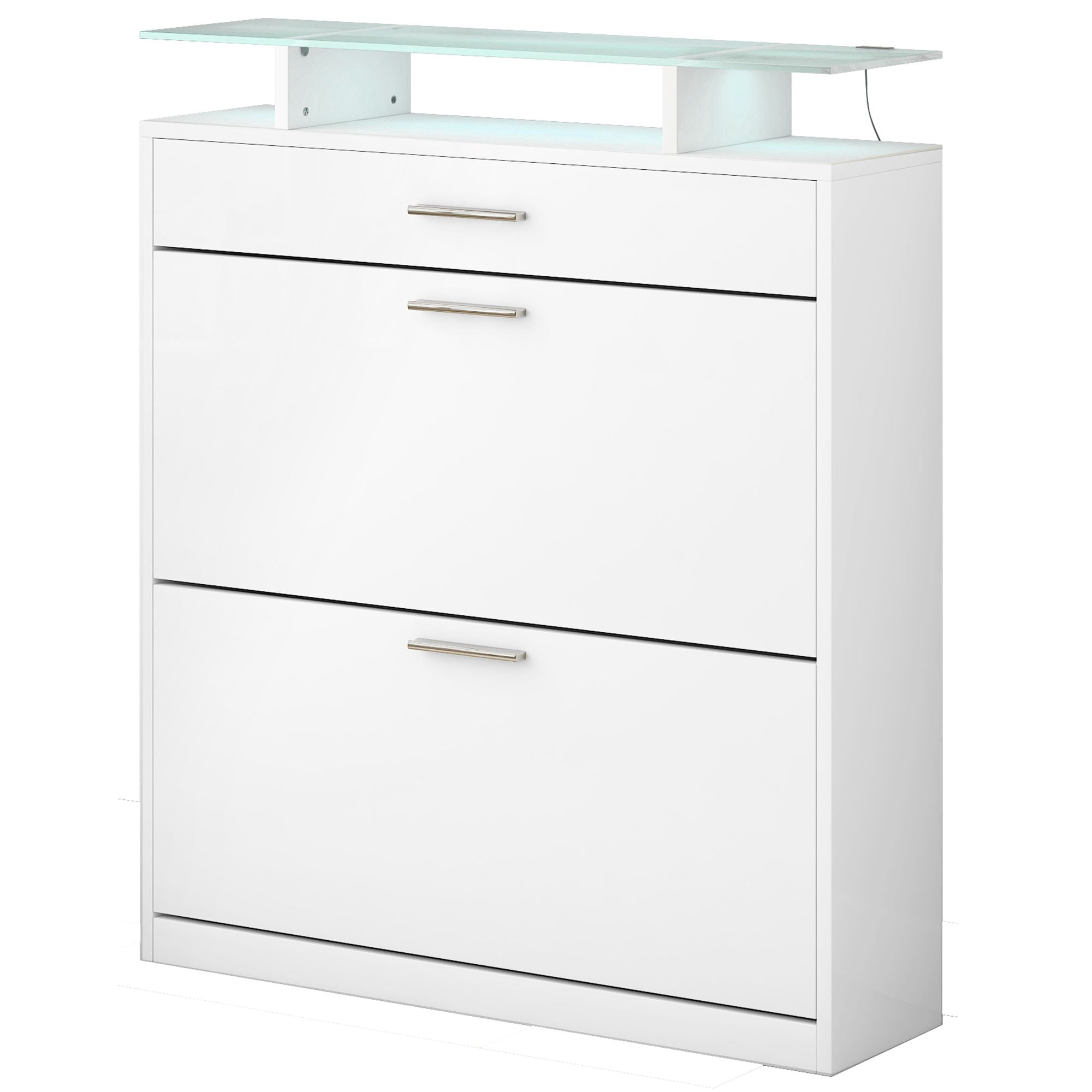 DEALTOPS Modern Freestanding Shoe Cabinet with 2 Flip Drawers and Tempered Glass Top with LED Light, Stylish Shoe Rack with Large Storage Capacity for Entryway - White