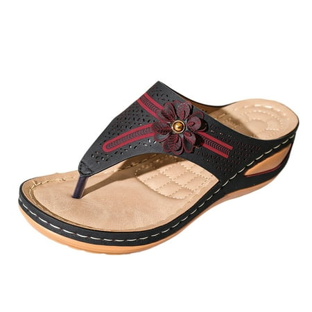 

TOWED22 Sandals for Women Wide Width Casual Orthopedic Sandals Wedge Arch Support Slides Beach Flip Flops(Black 9)
