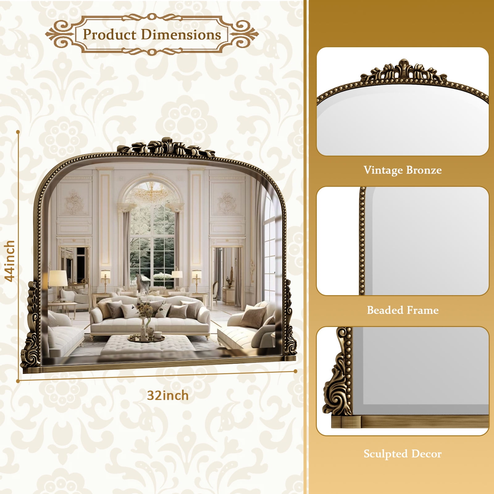 AUROMIR 32"x44" Antique Bathroom Arched Mirror Traditional Baroque Wall Vintage Mirror,Antique Bronze