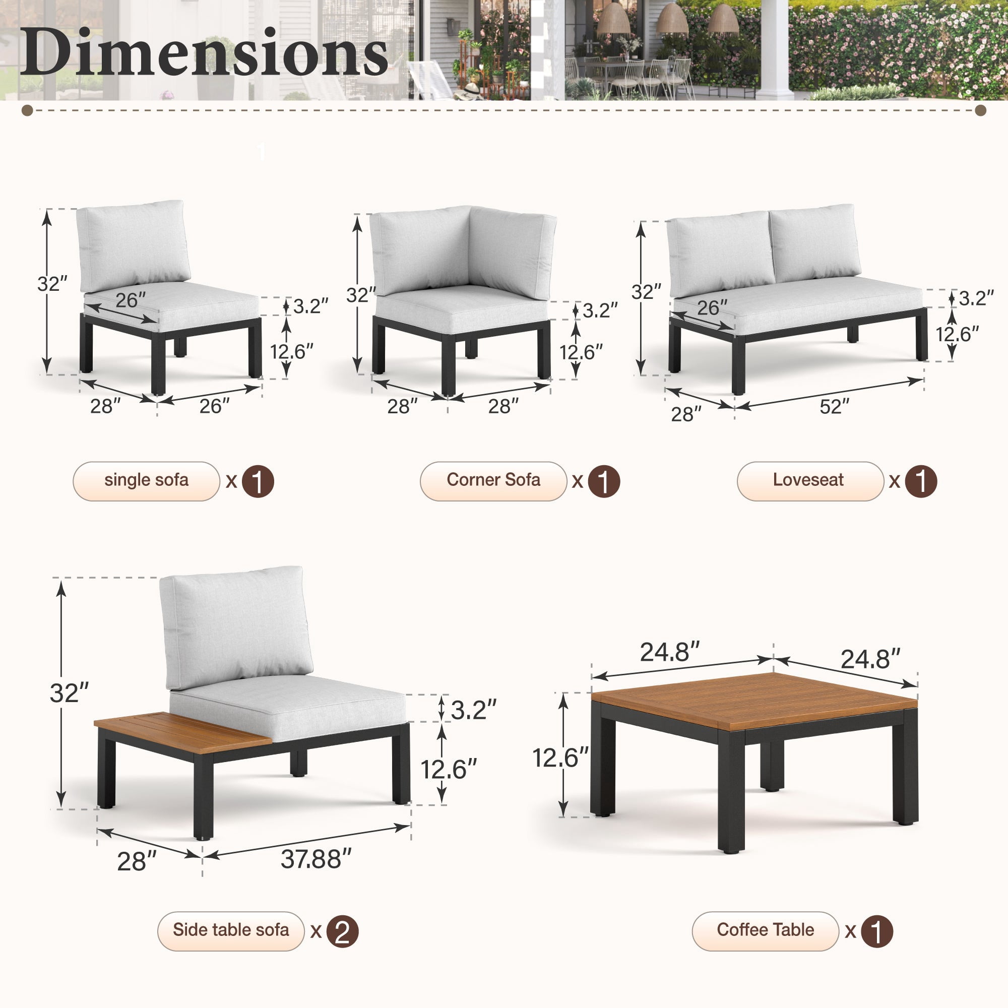 SUMMIT LIVING 6-Piece Outdoor Patio Furniture Set with Modular Sofa, Outdoor Patio Sectional Set with Wood Coffee Table and Built-in Side Table for Balcony & Couch