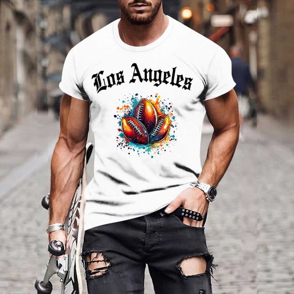Blczomt Big and Tall Men's T Shirts Vintage White Oversized T Shirt Los Angeles California Big & Tall Summer Men's T-Shirts