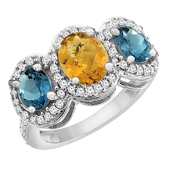 14K White Gold Natural Whisky Quartz & London Blue Topaz 3-Stone Ring Oval Diamond Accent, size 5