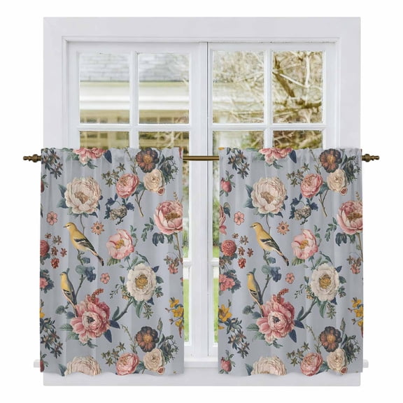 Vintage Spring Floral Kitchen Curtains 54 Inch Length, Farmhouse Flowers Blue Vintage Tiers Curtains for Bathroom Bedroom Cafe, Light Filtering Small Window Treatment Short Drapes 2 Panels 42"Wx54"L