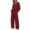 thumbnail image 5 of Xaqiouau Women's V-Neck Sweatshirt and Wide Leg Pants Set Loose Fit Long Sleeve Pullover Top High Waisted Drawstring Tracksuit Casual Lounge Wear 2 Piece Outfit Wine XXL, 5 of 9
