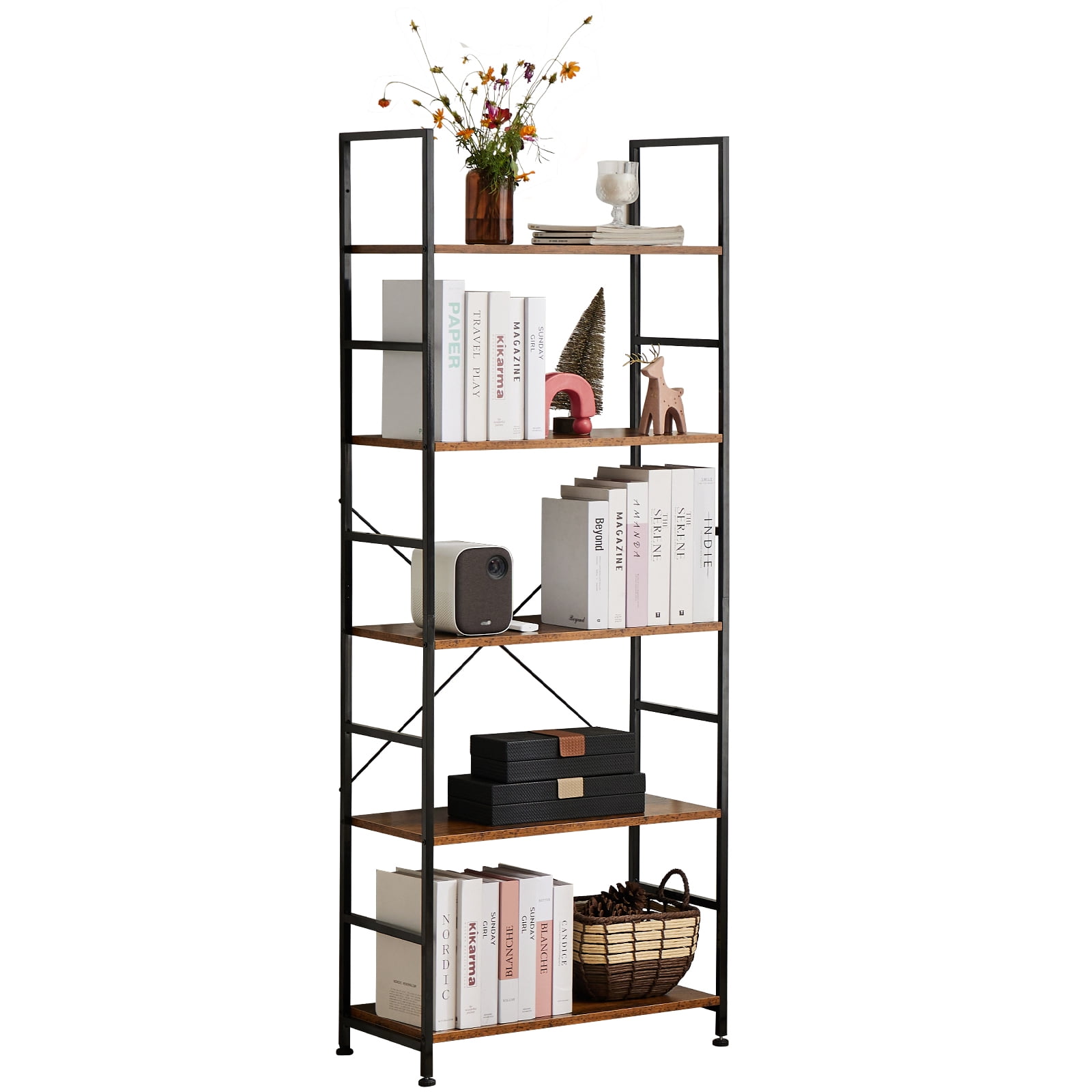 Aukfa 5 Tier Bookcase, Tall Bookshelf Storage Organizer for Home Office, Wood & Metal, Brown