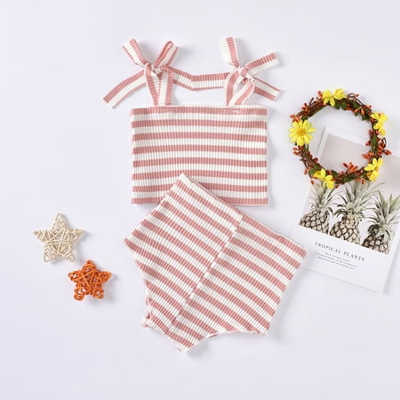 

AURIGATE Stylish Baby Girl Striped Suspenders + Shorts Two-piece Summer Cute Bow Clearance