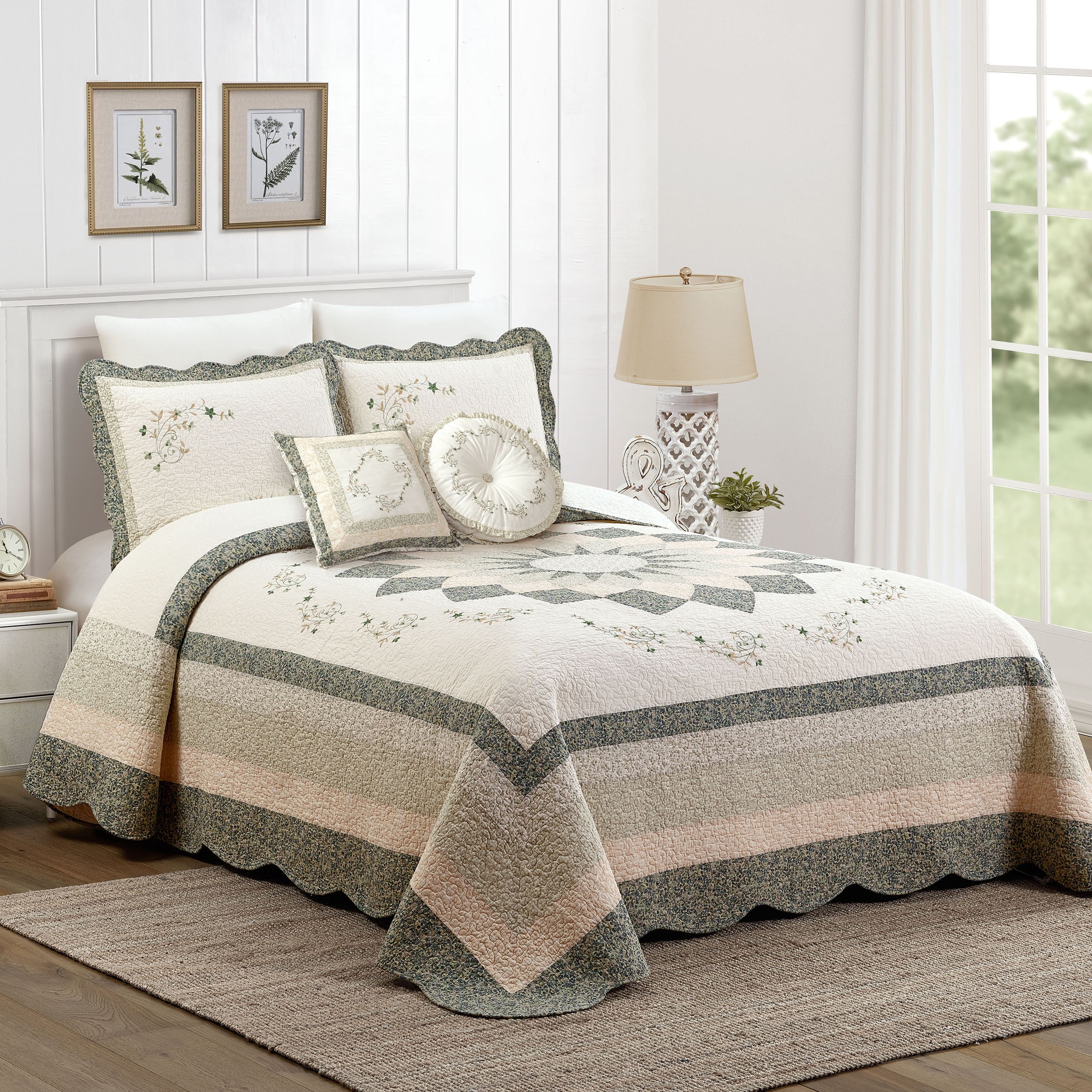 Modern Heirloom Harper Floral Embroidered Pieced Bedspread, Green, Full Size