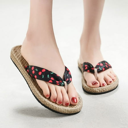 

Christmas Fashion Spring And Summer Women Slippers Straw Espadrille Fruit Pattern Sandals Flip Flops Beach Flat Bottom