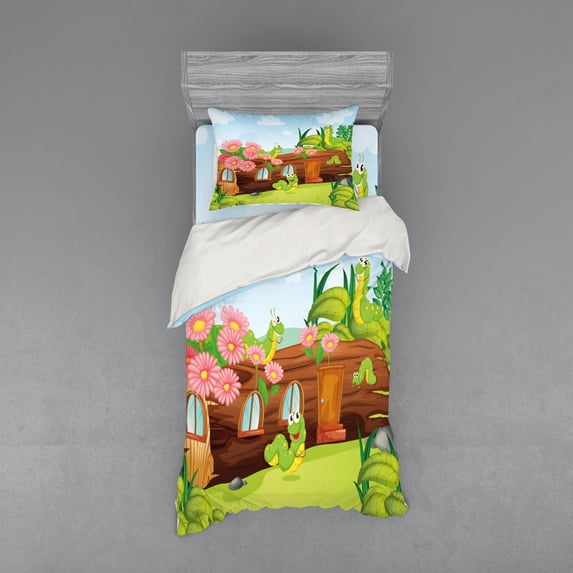 Ambesonne Tree Bedding Set 3 Pcs, Worms in Wooden Tree, Twin XL, Apple Green Chocolate