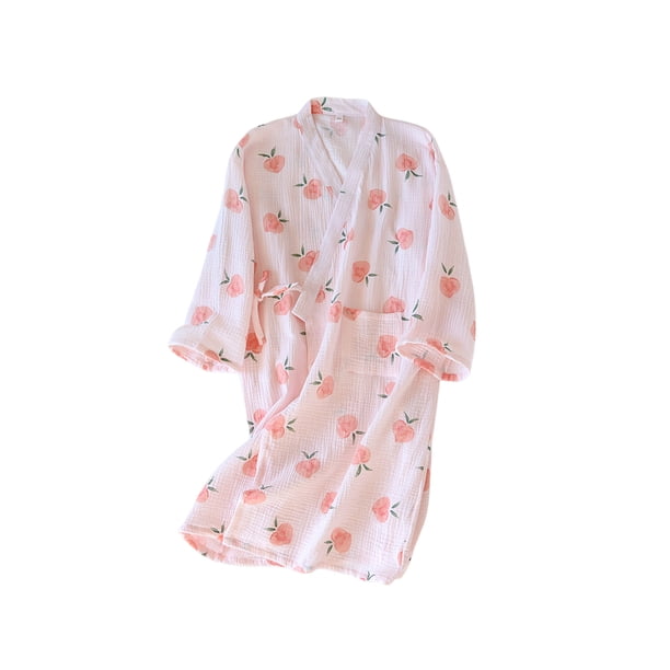 Minnieouse Albornoz de color melocotón, Kimono largo, de crepé para primavera y verano, camisón fino de media manga para el hogar, Hotel, Pijama Rosa L Minnieouse AP019178-02