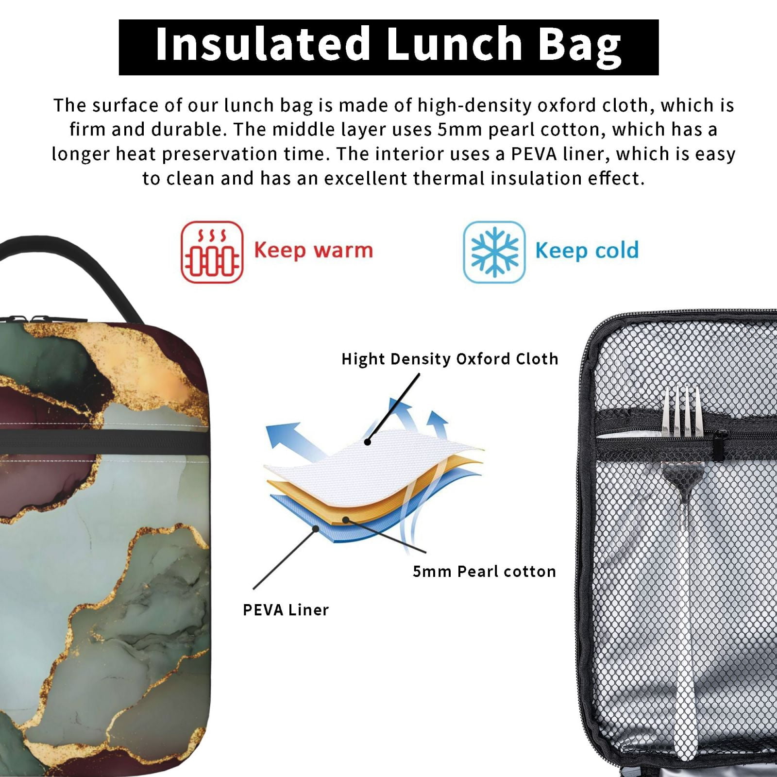 Lunch Bag For Women Men Insulated Portable Lunch Box Bento Box Office Picnic Travel Cooler Bag Green And Brown Gold Marble