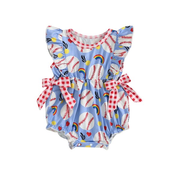 Miaouyo Baby Girl Summer Romper Baseball Print Flutter Sleeve Round Neck Jumpsuit Infant Bodysuit Streetwear