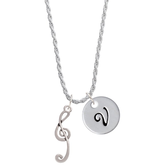 Delight Jewelry Silvertone Long Curly Clef Silvertone Script Initial Disc - V - Charm Necklace, 20"+3"