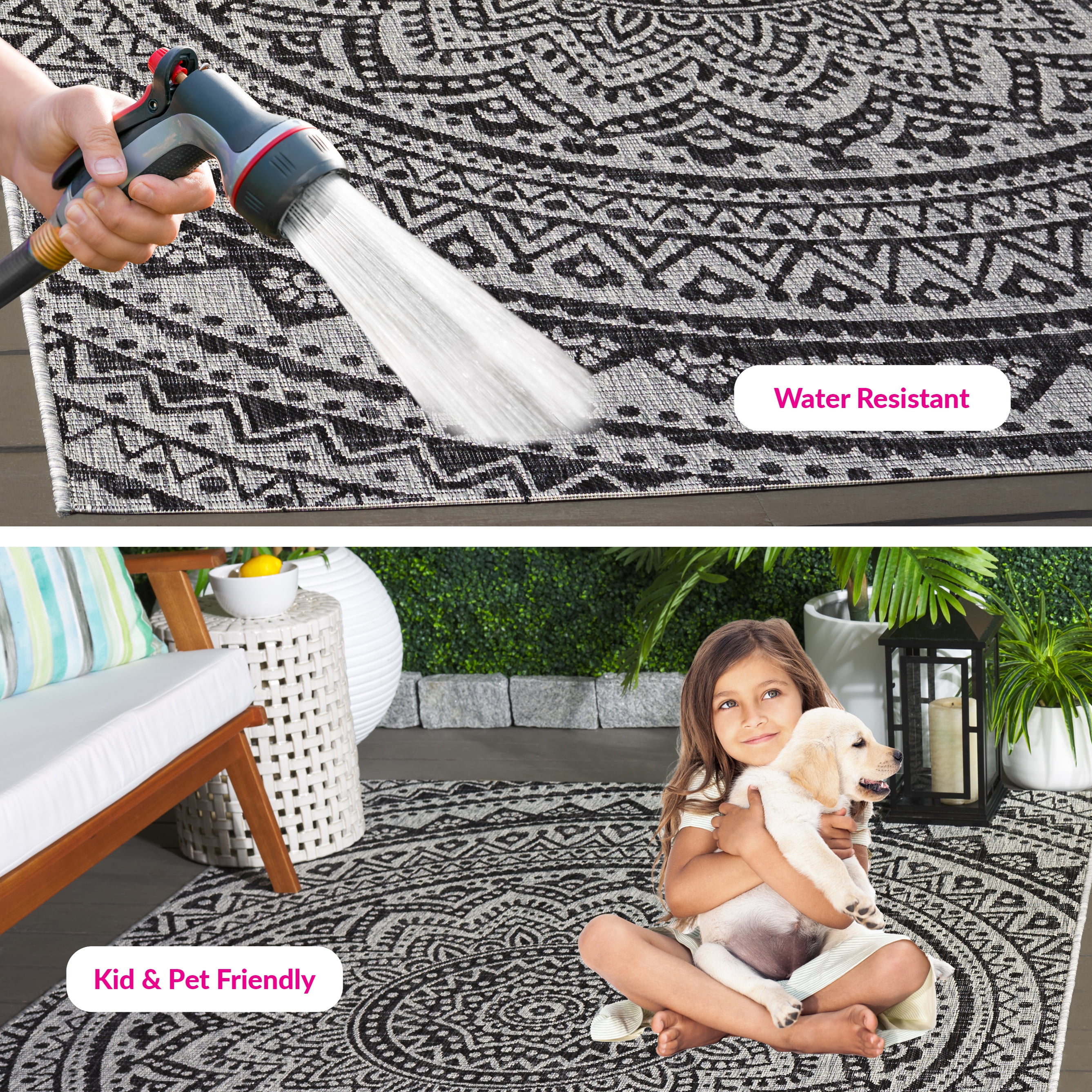 SAFAVIEH Courtyard Josiah Floral Medallion Indoor/Outdoor Area Rug, 8' x 11', Light Grey/Black