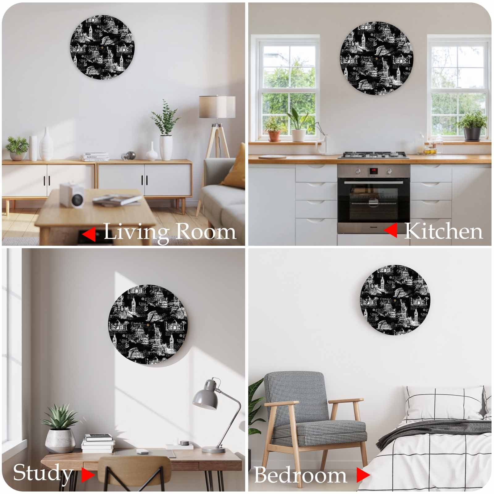 Wall Clock Architecture Landscape Clocks PVC Silent Non-Ticking Battery Operated Decorative Black Scenic Spots Round Clock for Home Living Room Kitchen Bedroom Office School Wall Decor 10 Inch