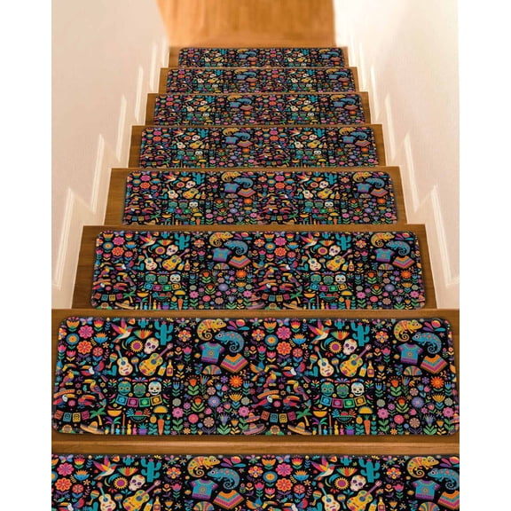 Stair Treads for Wooden Steps, Colorful Cartoon Peel and Stick Stair Treads with Adhesive, Funny Flowers Guitar Animals Ethnic Art Non Slip Indoor Stairs Runner Rugs Mats for Elders Dogs 8"x30"7PCS