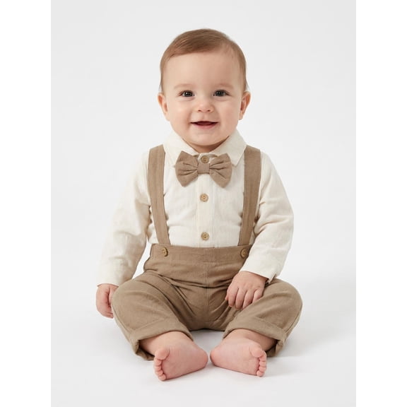 Baby Boys 2PCS Outfit Sets Long Sleeve Lapel Button Up Romper Solid Color Suspender Pants Sets