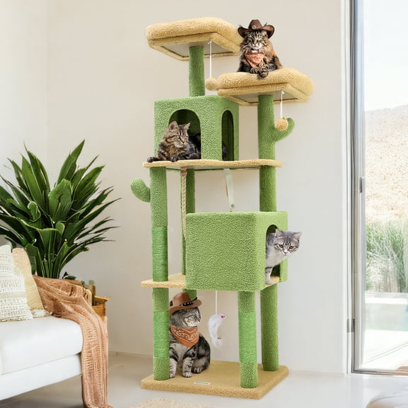 CT62CF Cactus Cat Tower for Indoor Cats | 61-inch Adorable Cactus Cat Tree for Adults & Kittens, with Scratching Posts, 2 Cat Condos, 2 Top Perches, and a Dangling Ball