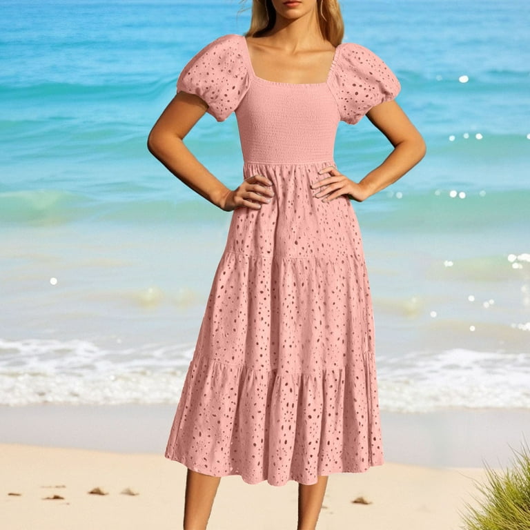 Ryrjj Women's Summer Casual Long Dresses Square Neck Puff Short Sleeve Smocked A-Line Eyelet Flowy Elegant Boho Dress(Pink,S), Size: Small